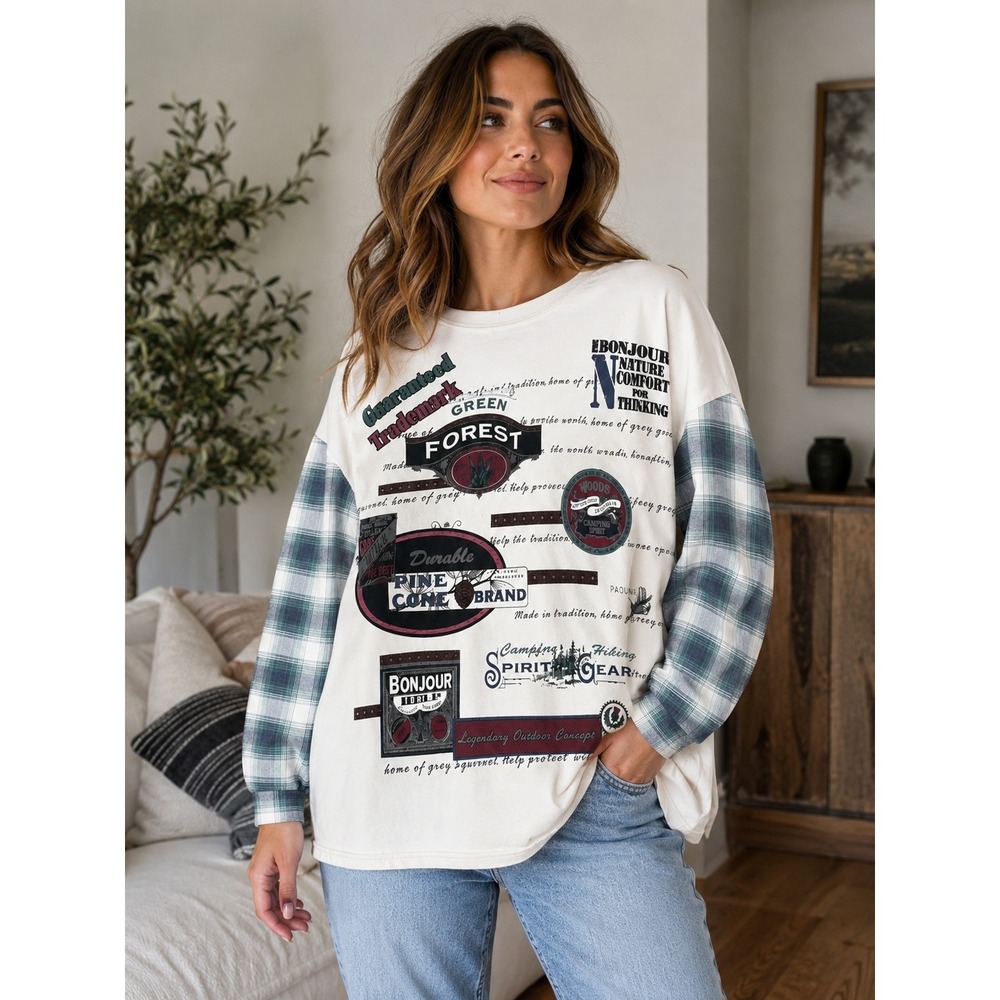Vintage Bonjour Oversized XL Graphic Shirt Plaid Sleeve Camping Cottagecore Y2K